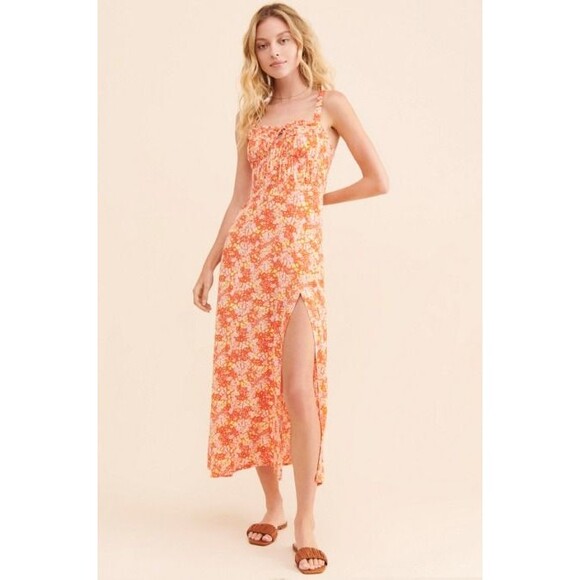 ASTR The Label Elsie Floral Midi Dress Slit Medium Orange Pink Floral REVOLVE - Picture 1 of 12